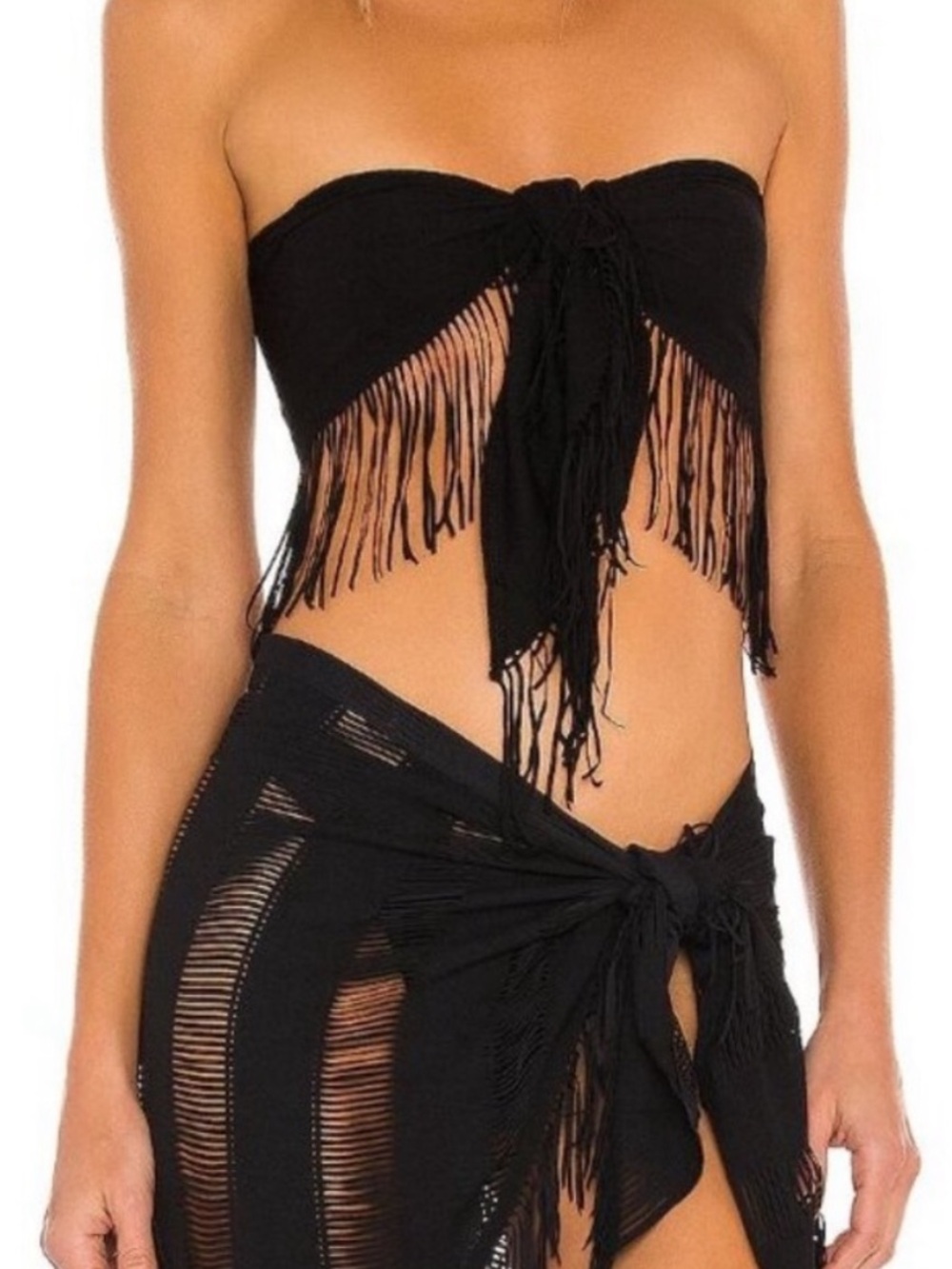 Beach Bunny Black Fringe Tie Front Top